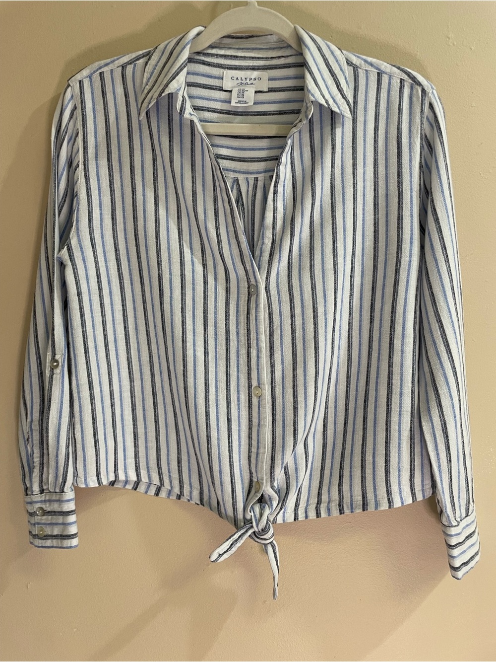 Calypso St. Barth Striped Linen Tie-Front Shirt XS – Blue/White Button-Up